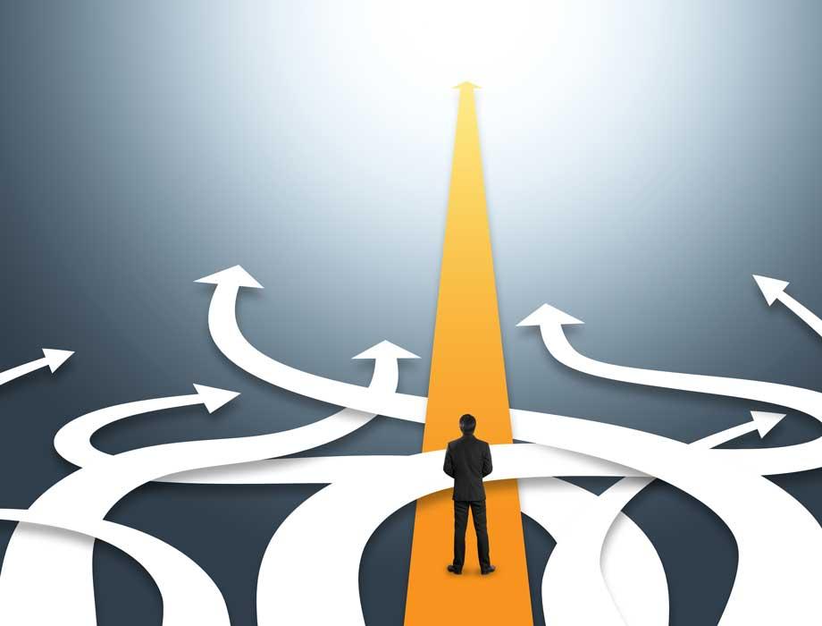 Illustration of a man thinking about different types of career path in front of him